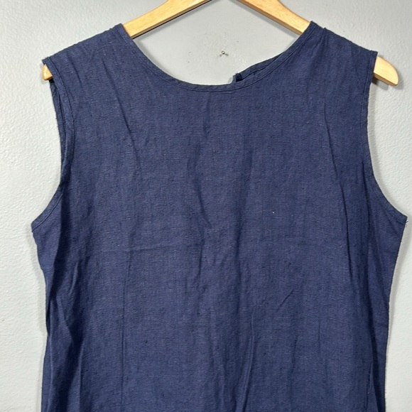 Vintage Navy 100% linen Maxi Relaxed Fit Side Slit Crew Neck Dress size 16 - Picture 9 of 15